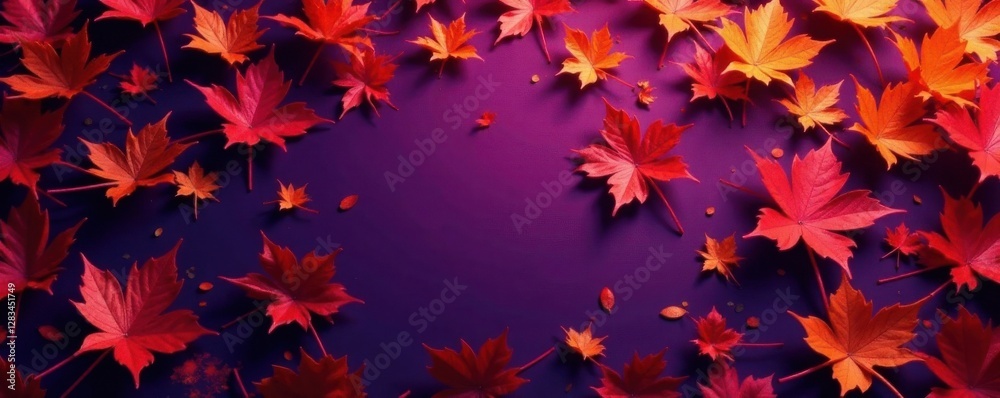 Vibrant orange metallic leaves scattered across a deep violet background, forming an intricate pattern , leaf patterns, nature patterns Vibrant orange metallic leaves scattered across a deep violet background, forming an intricate pattern , leaf patterns, nature patterns