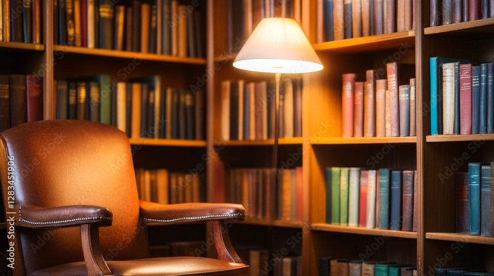 Cozy reading nook with a leather chair and warm lamp in a well-stocked library filled with books Cozy reading nook with a leather chair and warm lamp in a well-stocked library filled with books