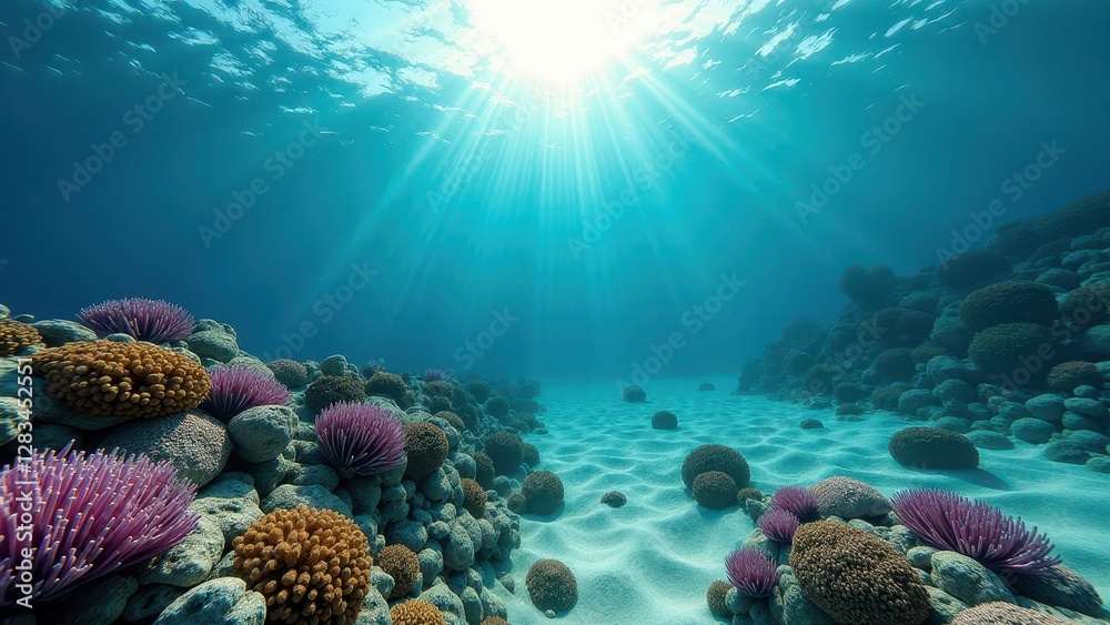 Naklejka premium Sunlit underwater view of a sloping coral reef affected by bleaching with damaged coral colonies 