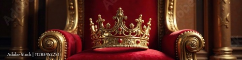 Elegant crown on ornate wooden throne with golden swirls and intricate carvings, grandeur, royal, gold