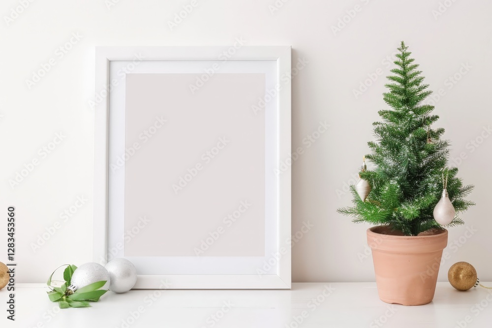 Fototapeta premium A white picture frame with a small potted Christmas tree and ornaments on a white table against a white wall