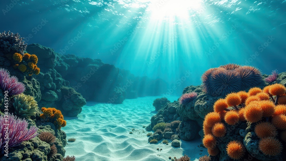 Naklejka premium Sunlit underwater view of a sloping coral reef affected by bleaching with damaged coral colonies 