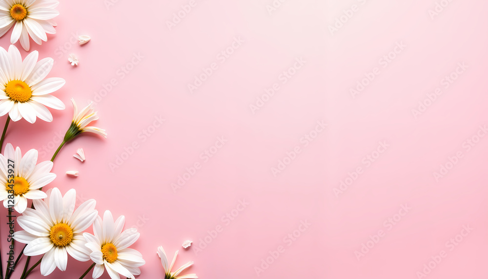 White daisies with yellow centers arranged on a soft pink background, creating a delicate and fresh floral composition perfect for spring and feminine designs. White daisies with yellow centers arranged on a soft pink background, creating a delicate and fresh floral composition perfect for spring and feminine designs.