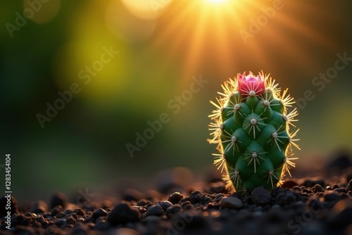 Soft morning light illuminates an Opuntia cactus offshoot emerging from the soil, plant, nature photo