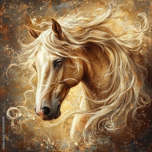 Majestic Portrait of a Black Horse with Flowing Mane on Artistic Background photo