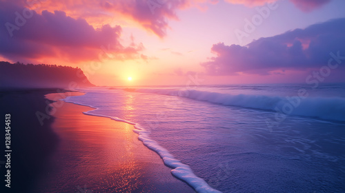 Stunning Beach Sunset with Ocean Waves – Perfect for Travel Blogs and Wallpapers, travel websites, nature photography, desktop wallpapers, tourism promotions, social media posts,