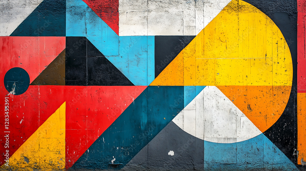 Fototapeta premium Abstract Geometric Street Art Mural with Bold Colors – Perfect for Urban Design and Modern Backgrounds, street art photography, urban design projects, creative backgrounds, architectural aesthetics, 