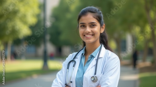 Confident Indian Young Doctor Smiling Outdoors in Park