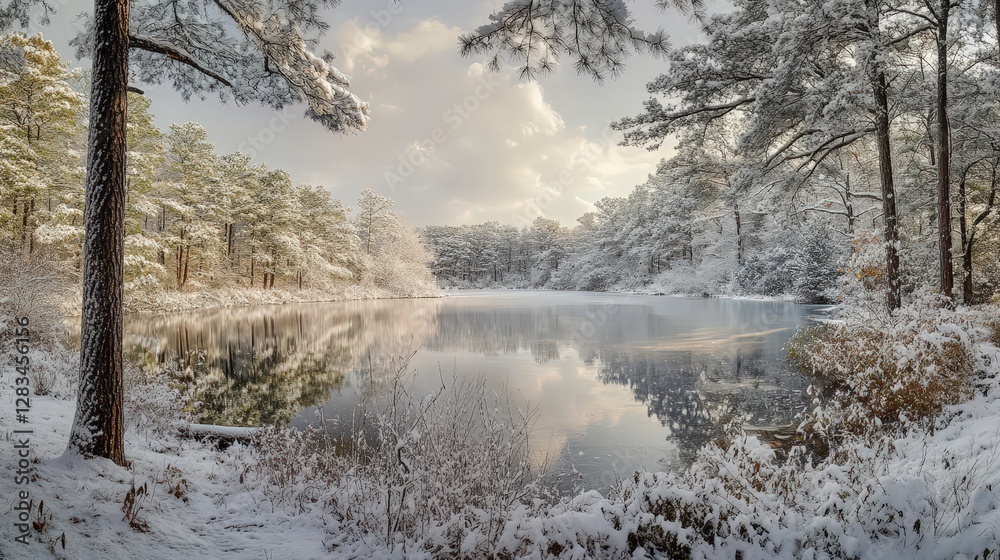 A winter wonderland with snow-covered trees, frozen lakes, and soft light filtering through the branches, evoking a peaceful, serene winter atmosphere for holiday or seasonal designs. A winter wonderland with snow-covered trees, frozen lakes, and soft light filtering through the branches, evoking a peaceful, serene winter atmosphere for holiday or seasonal designs.