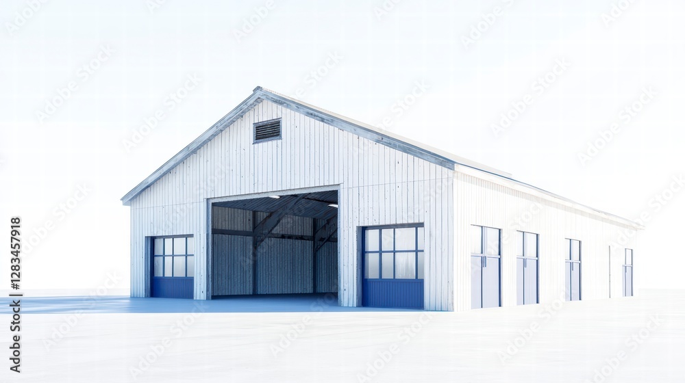 Warehouse Structure: A modern warehouse, blending industrial design with sleek architecture, featuring a wide open bay door and multiple windows, suggesting functionality and ample space. Warehouse Structure: A modern warehouse, blending industrial design with sleek architecture, featuring a wide open bay door and multiple windows, suggesting functionality and ample space.