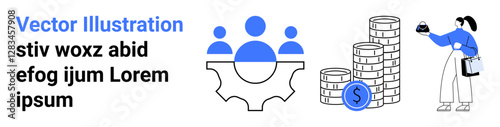 Team collaboration symbol over gear, stacked coins with dollar sign, and person analyzing data. Ideal for teamwork, finance, strategy, technology, analysis, planning flat landing page banner