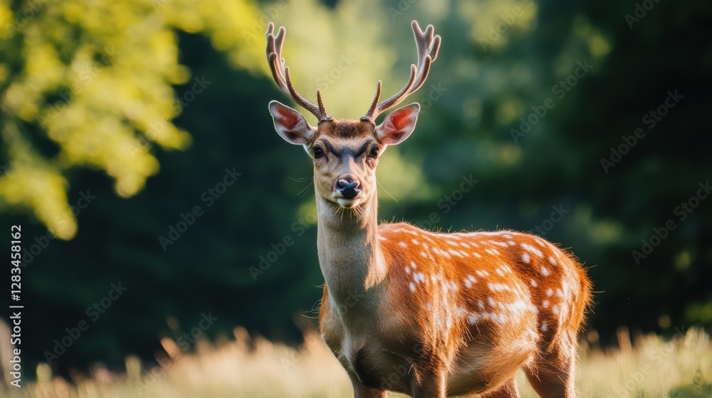 Fototapeta premium Majestic deer stands proud in a lush green meadow during a warm afternoon in a serene forest. Generative AI