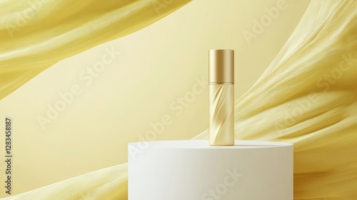 A single elegant product on a white podium, set against a smooth yellow background