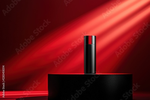 A single product on a sleek, black podium, spotlighted with a red background