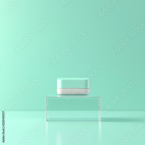A unique product placed on a clear podium, on a solid mint green background