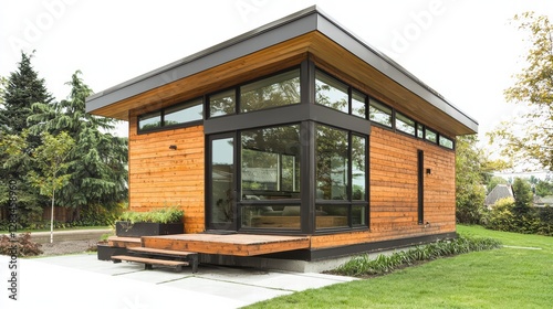 Modern Tiny House Oasis: Captivating modern tiny house with a sleek design and floor-to-ceiling windows, blending seamlessly with its natural surroundings.