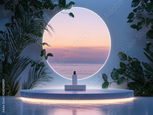 Elegant floating podium with product in a serene illuminated setting