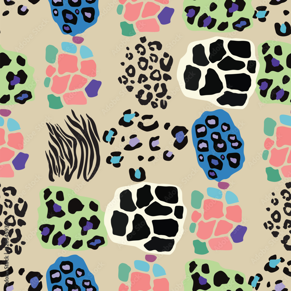 Fototapeta premium Seamless vector pattern. A vibrant design featuring a colorful leopard and zebra print background. This textile art combines patterns in green blue and pink hues, creating a visually striking art