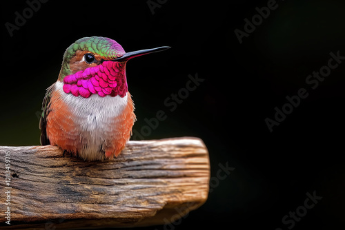 portrait of vibrant hummingbird perched on a rustic wooden sign with copy space for text on black background