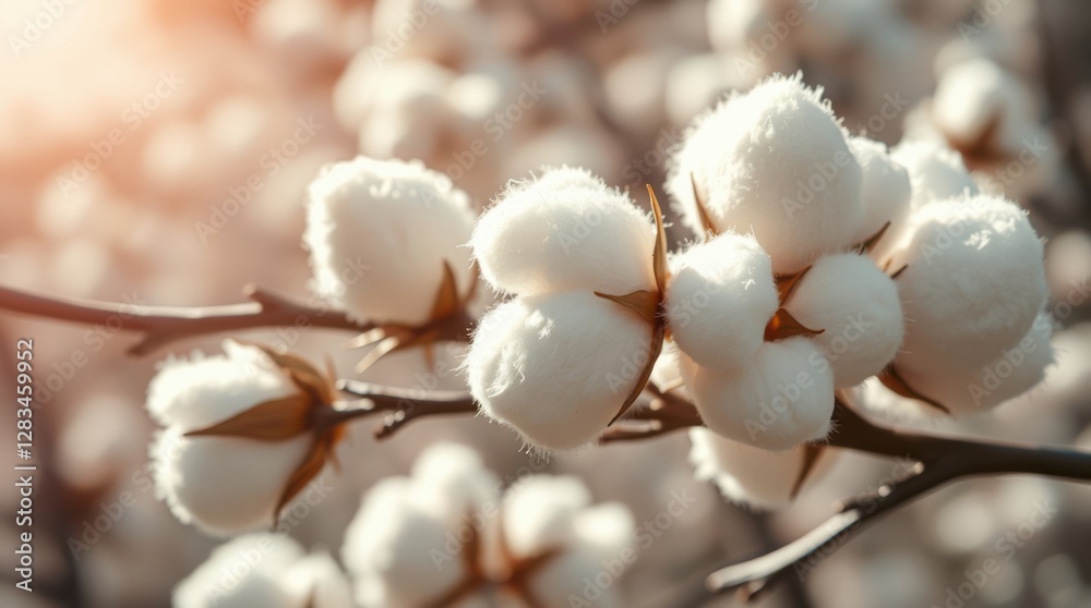 Close-up of fluffy white cotton bolls on branches, soft and inviting, bathed in warm sunlight. Close-up of fluffy white cotton bolls on branches, soft and inviting, bathed in warm sunlight.