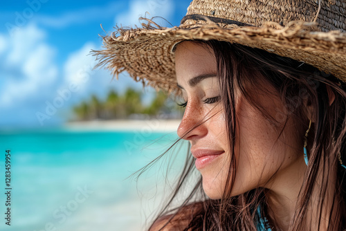 Portrait of woman with straw sun hat smiling by the ocean shore of Dominican republic tropical background beach with palm trees