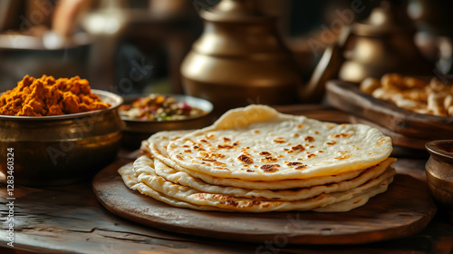 Traditional Indian Roti with Spices and Brass Utensils – Perfect for Food Blogs and Cultural Cuisine, food blogs, Indian restaurant menus, culinary articles, traditional cooking promotions,