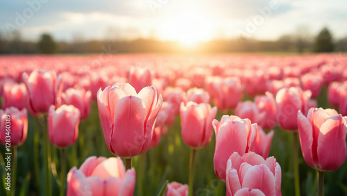 Field of pink and white tulips