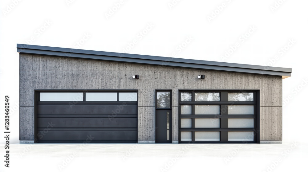 Modern Garage Facade: A sleek and contemporary garage with a slanted roof showcases a minimalist design, featuring clean lines, a gray color scheme. Modern Garage Facade: A sleek and contemporary garage with a slanted roof showcases a minimalist design, featuring clean lines, a gray color scheme.