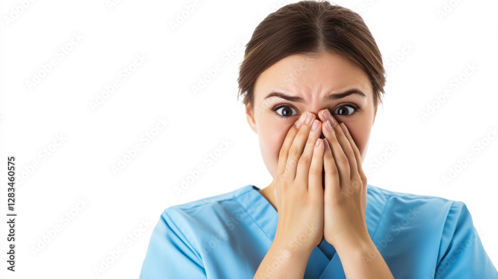 Nurse displays concern while covering face with hands in a medical setting Nurse displays concern while covering face with hands in a medical setting