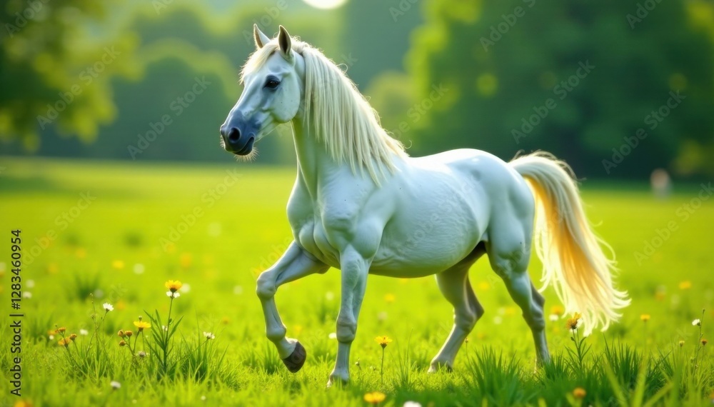 Obraz premium Elegant Unicorn Mare with a flowing mane and tail in a lush green meadow, , nature, horses