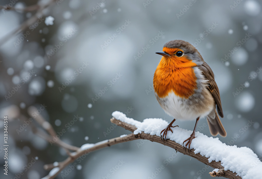 Redbreast on a tree branch in winter period with snow Redbreast on a tree branch in winter period with snow
