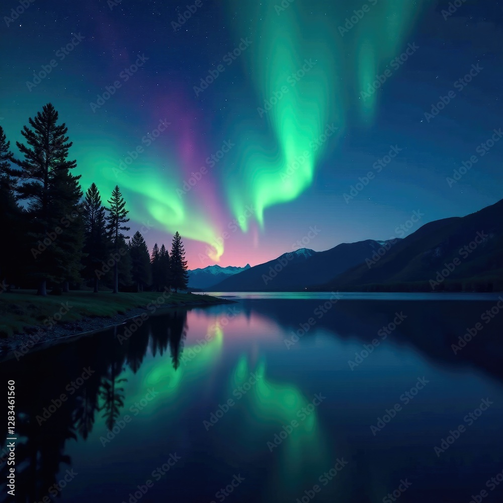 Nighttime scene with glowing aurora and trees, lake, glowing aurora, sky Nighttime scene with glowing aurora and trees, lake, glowing aurora, sky