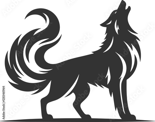 A standing wolf howling with its tail raised vector animal silhouette