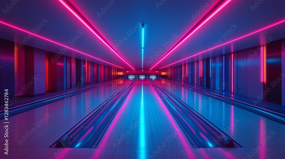 Vibrant neon-lit bowling balls on a polished lane at a modern bowling alley Vibrant neon-lit bowling balls on a polished lane at a modern bowling alley