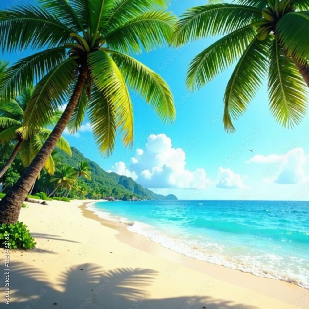 Palm trees sway in the ocean breeze on a sun-kissed sandy beach, film, tropical Palm trees sway in the ocean breeze on a sun-kissed sandy beach, film, tropical
