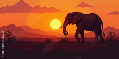 Elephant silhouette in desert landscape at sunset, landscape, enormous elephant, animal