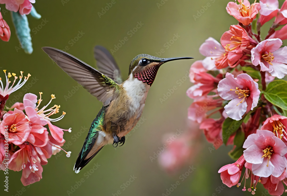 Fototapeta premium Hummingbird flying to a blossom flower.