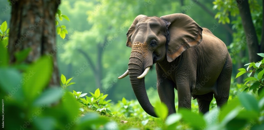 Fototapeta premium Elephant surrounded by lush greenery, trees, nature, foliage