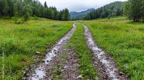 Country road through a lush green meadow leading to a misty mountain range.  Possible use Stock photo for travel brochures, nature calendars, or environmental campaigns