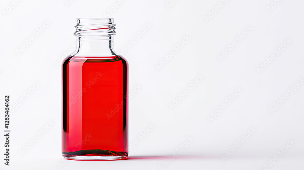 Red liquid in a clear glass bottle on a white background. Red liquid in a clear glass bottle on a white background.