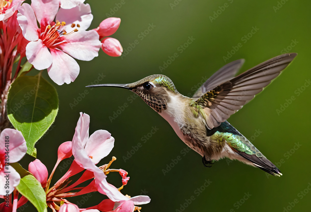 Fototapeta premium Hummingbird flying to a blossom flower.