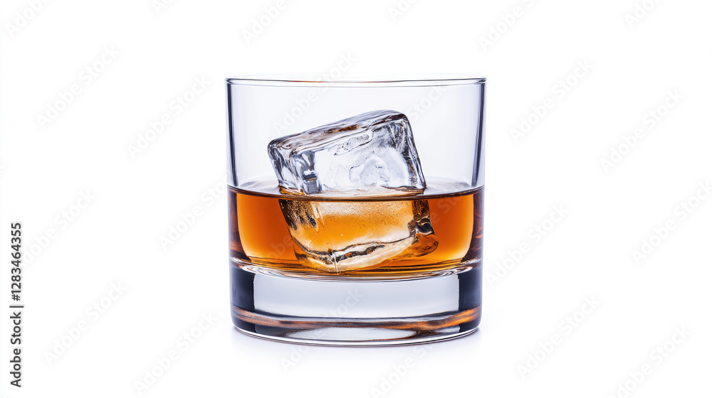 Whiskey glass with ice cube, elegant presentation, white background. Whiskey glass with ice cube, elegant presentation, white background.