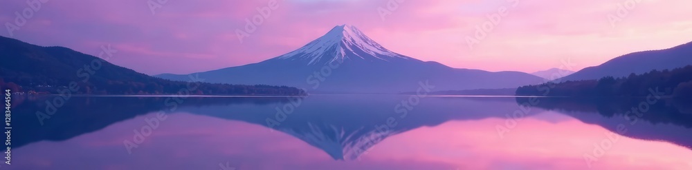 Reflection of a white striped mountain on a serene lake at dawn, purple sky, reflection, lake Reflection of a white striped mountain on a serene lake at dawn, purple sky, reflection, lake