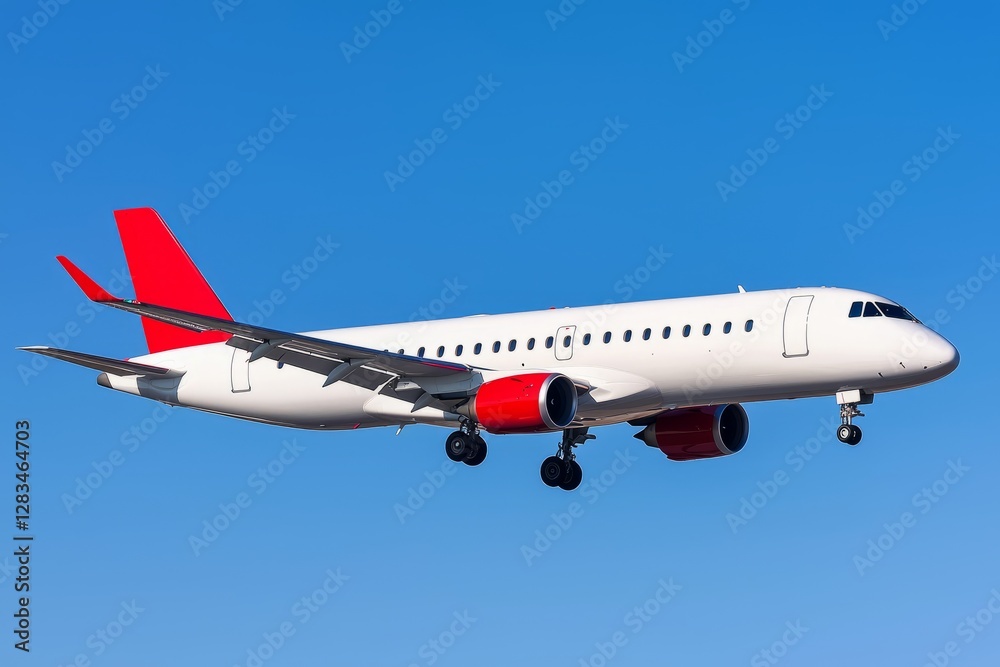 Flying through clear skies, a vibrant aircraft approaches for landing near a bustling airport Flying through clear skies, a vibrant aircraft approaches for landing near a bustling airport