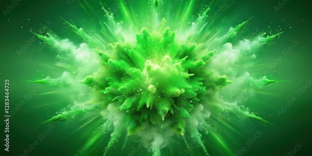 Fototapeta premium Vibrant green explosion erupts from the center of a calm green background, radiating outward in a dynamic and chaotic manner, green visuals, color explosion