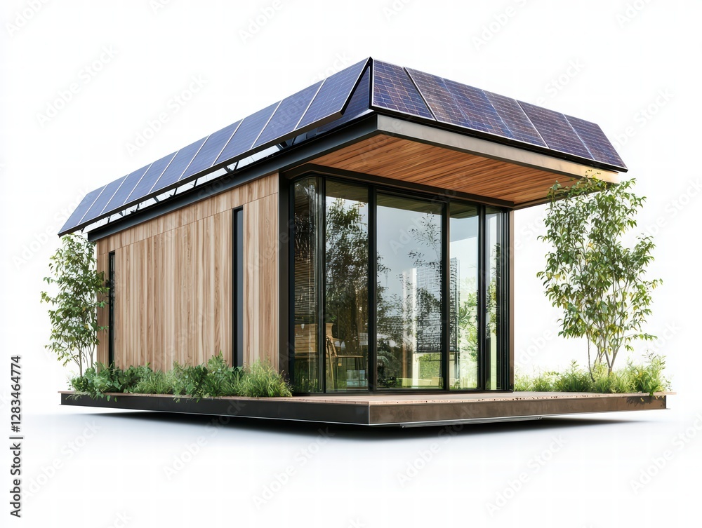 Fototapeta premium Sustainable Home: A modern, eco-friendly home with a solar panel roof blends seamlessly with its natural surroundings, featuring large windows and a wooden exterior.