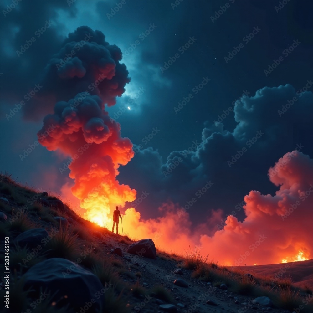 Fototapeta premium Emotive smoke and fire on a mysterious night scene, ambiance, smoke, mysterious