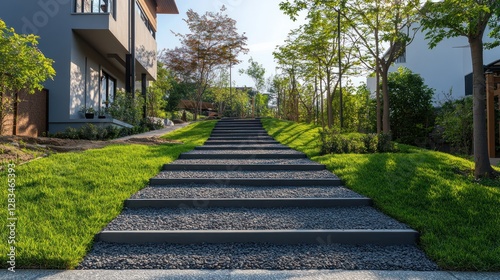 Modern Residential Landscape: Stone Steps Leading to a Lush Green Lawn