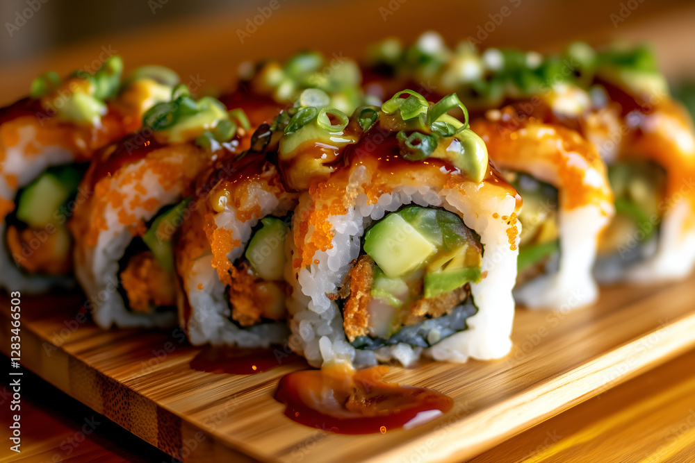Vegan winter sushi rolls with avocado and pickled ginger Vegan winter sushi rolls with avocado and pickled ginger