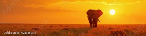 enormous elephant standing alone in a vast grassland under a bright orange sky, brown, savannah, animals